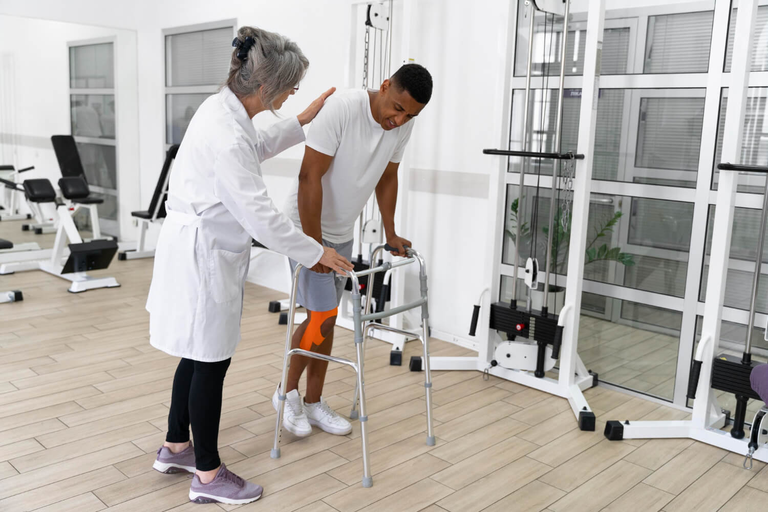 Physical therapist assisting a patient using a walker during lower-limb rehabilitation