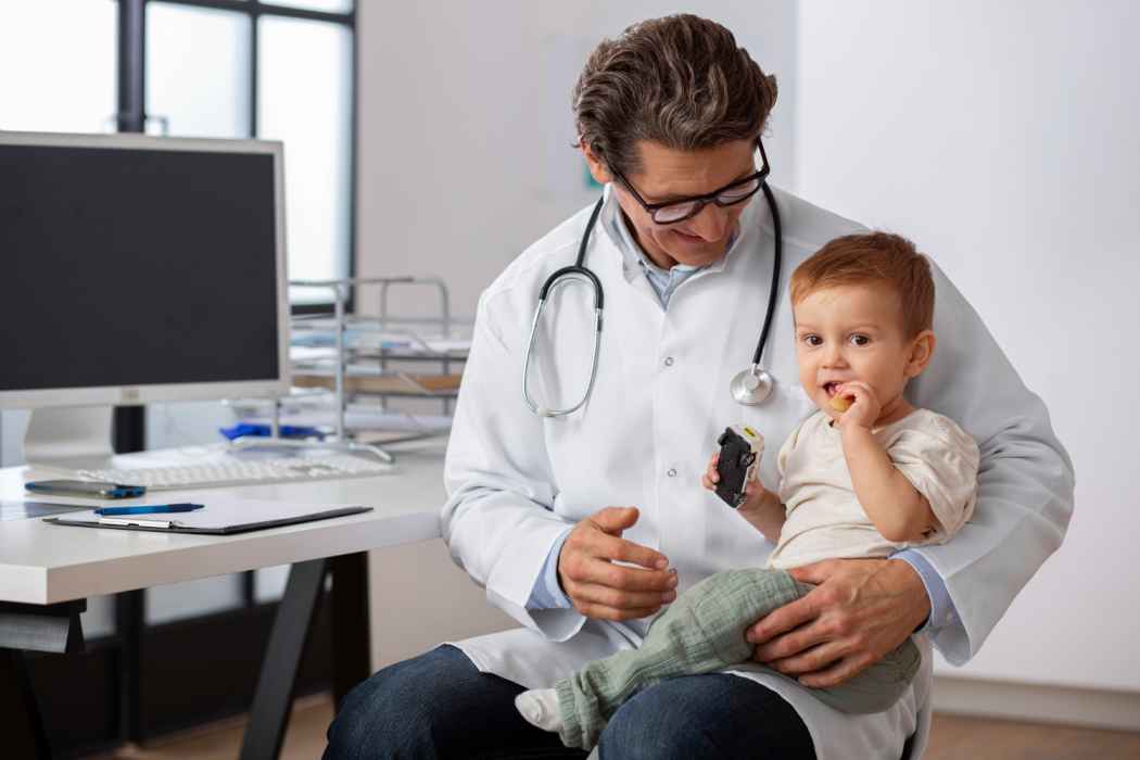 Doctor conducting a pediatric consultation with an infant in a clinical setting.