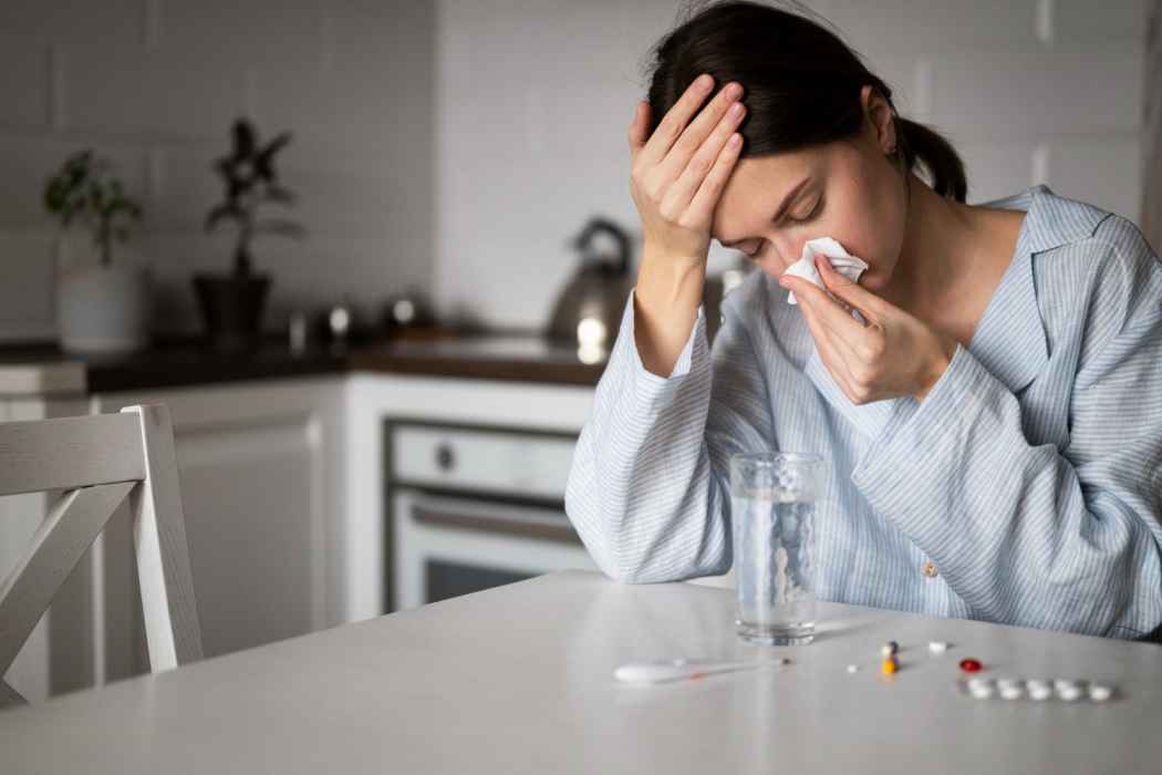 Woman sitting at a table holding a tissue and appearing unwell at home