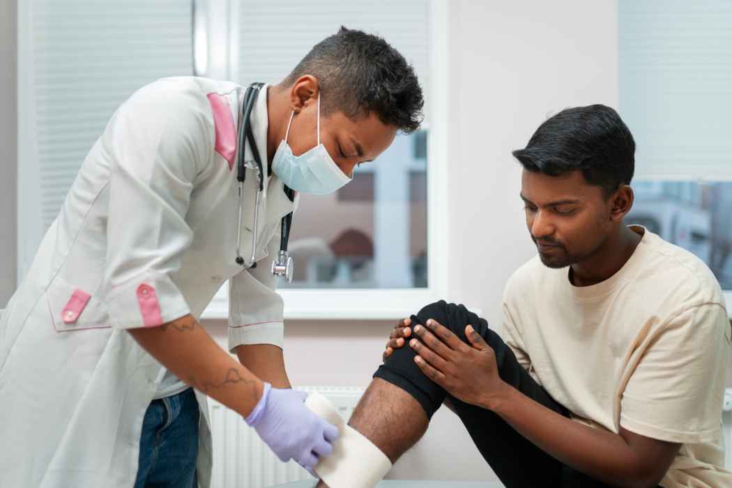 Nurse bandaging a patient’s knee injury in a clinical setting