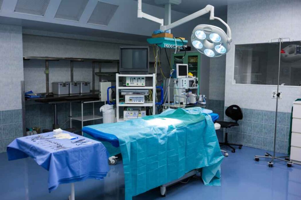 Fully equipped hospital operating room with surgical table and medical equipment