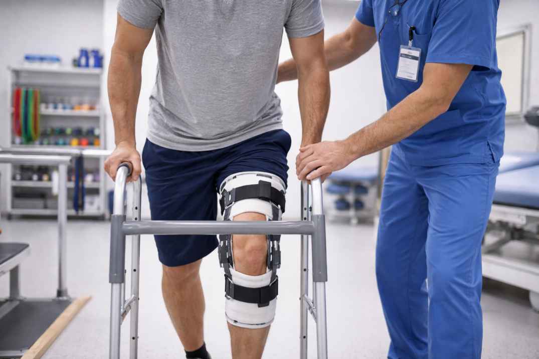 Physiotherapist assisting a patient with knee brace during assisted walking rehabilitation