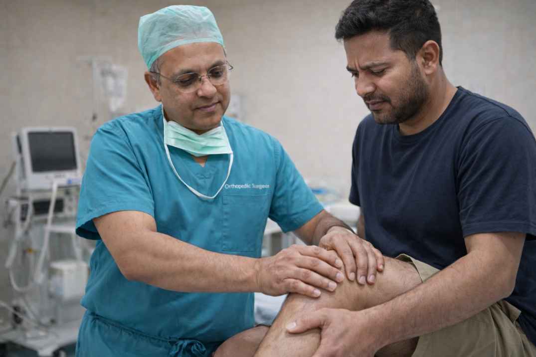 Orthopedic surgeon examining a patient’s knee during clinical consultation