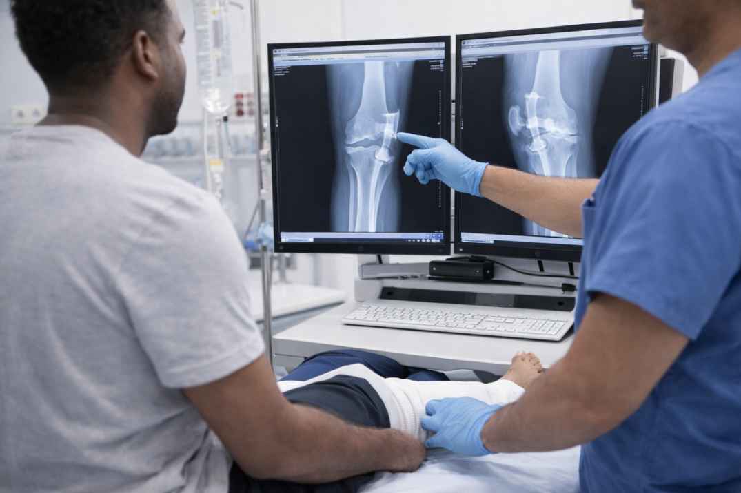 Doctor explaining knee X-ray findings to a patient during orthopedic consultation