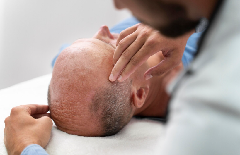 Doctor examining an elderly patient’s head for neurological assessment