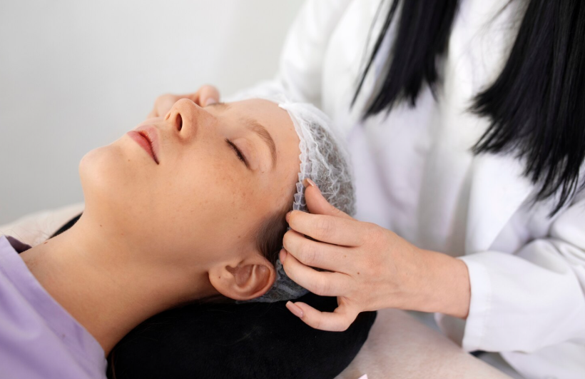 Healthcare provider gently examining a patient’s scalp during a clinical session