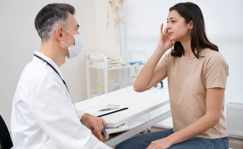 Doctor consulting a young woman reporting facial or sensory discomfort during a clinical visit