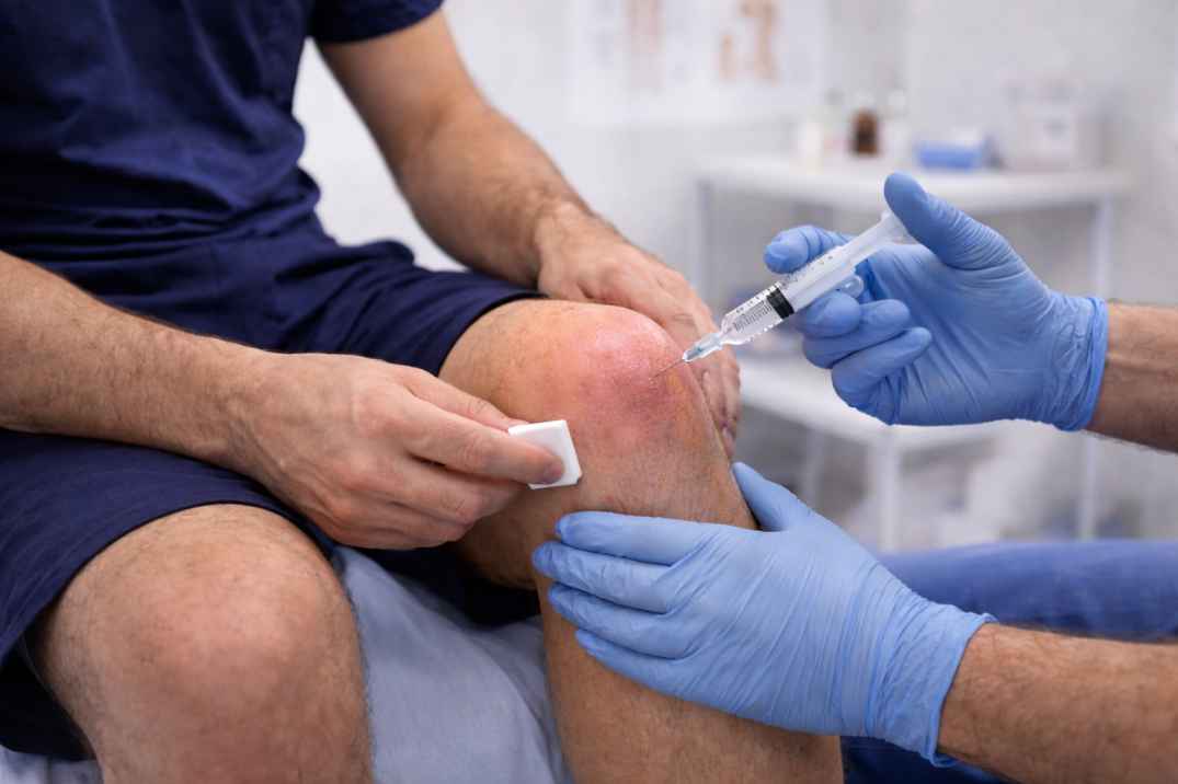 Orthopedic doctor administering knee joint injection for pain and inflammation relief