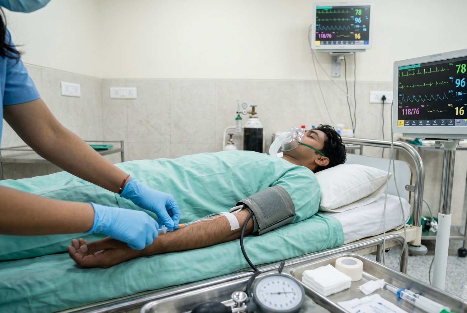 A patient lying on the bed