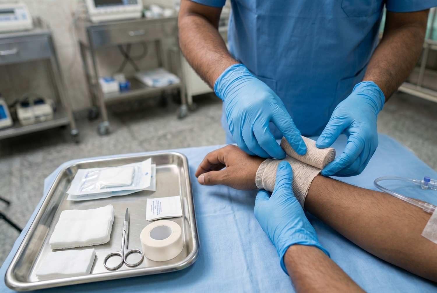 Applying bandage on patient's hand