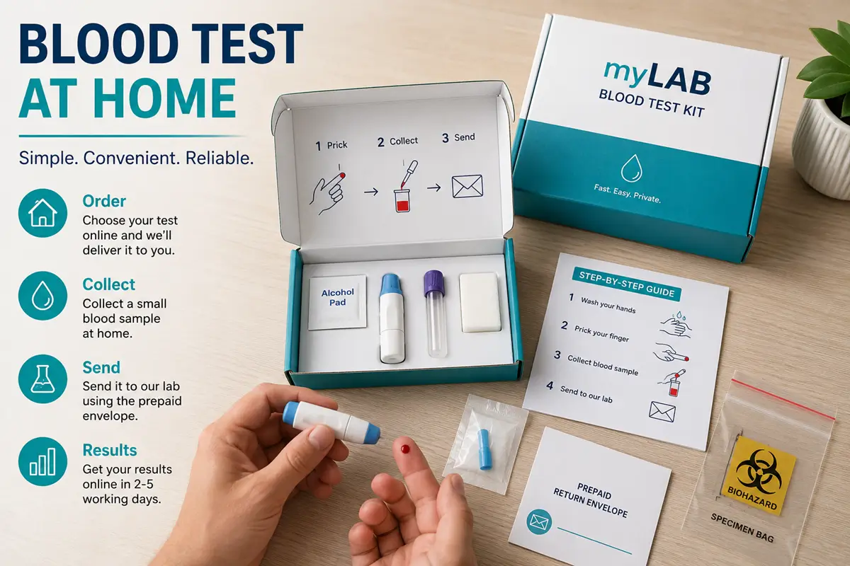 Technician collecting blood sample at home