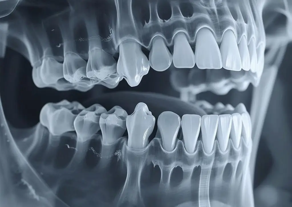 Digital panoramic dental X-ray showing an impacted lower canine tooth, surrounding teeth alignment, jawbone structure, and overall oral health assessment.
