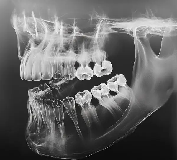 Panoramic dental X-ray (OPG) showing impacted lower wisdom teeth, multiple molars, jawbone structure, and overall dental alignment for diagnostic evaluation.