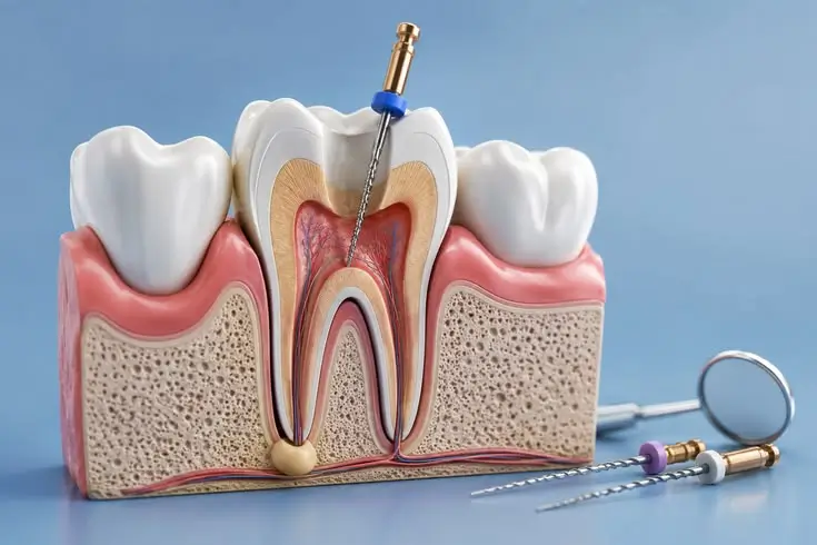 Cross-sectional model of a tooth demonstrating root canal treatment with endodontic files used to clean and shape infected root canals.