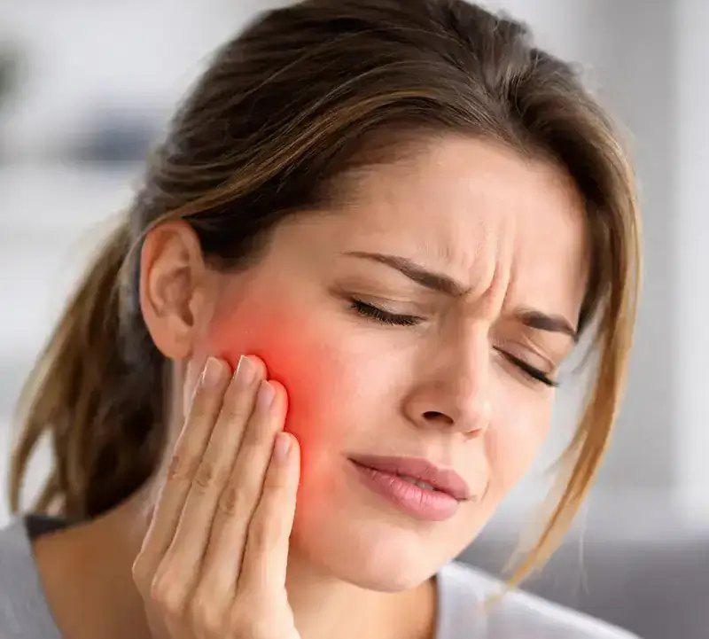 Patient holding her jaw due to severe TMJ pain and jaw discomfort caused by temporomandibular joint disorder.
