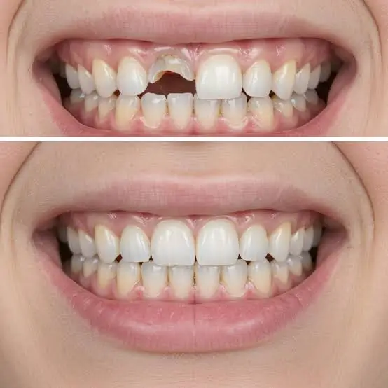 Before and after dental implant treatment showing replacement of a missing upper front tooth with a natural-looking implant crown, restoring smile aesthetics and function.