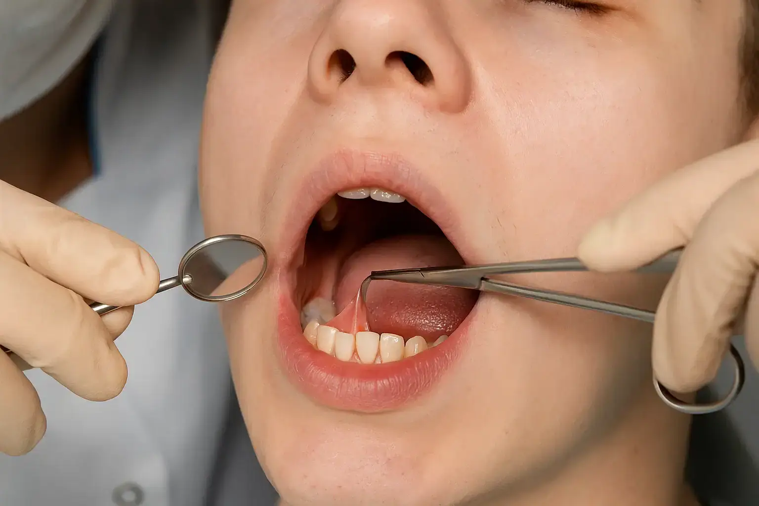 Dentist examining the lower gums with a dental mirror and surgical forceps during a professional oral surgery consultation.