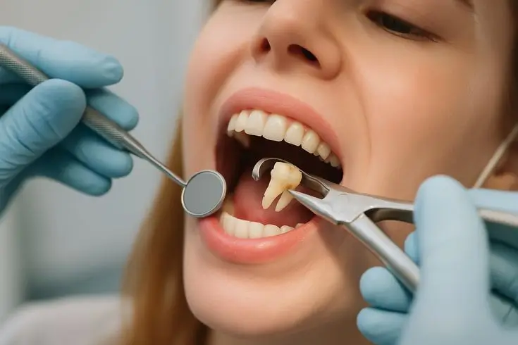 Dentist performing a tooth extraction using dental forceps during a safe and professional dental procedure.