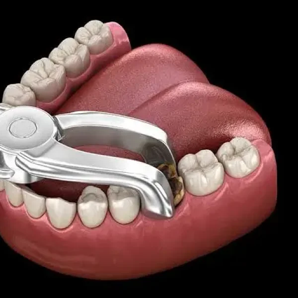 3D illustration of a molar tooth extraction using dental forceps to remove a severely decayed tooth during an oral surgery procedure.
