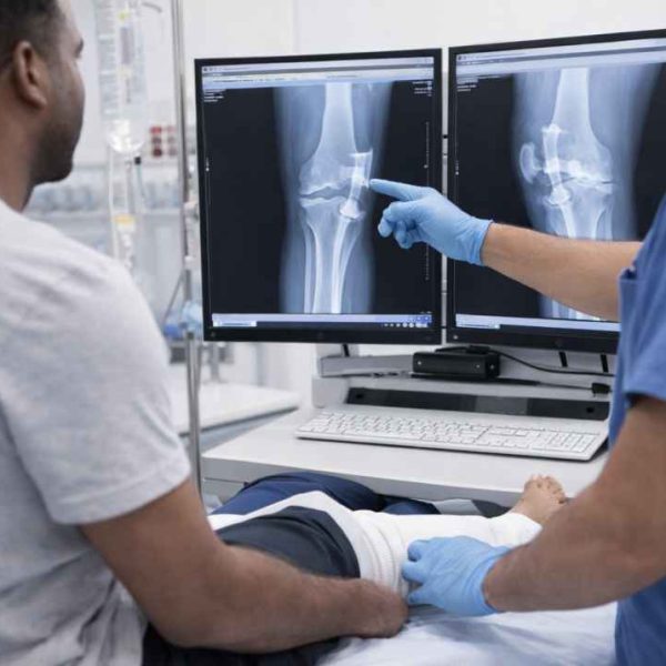 Doctor explaining knee X-ray findings to a patient during orthopedic consultation