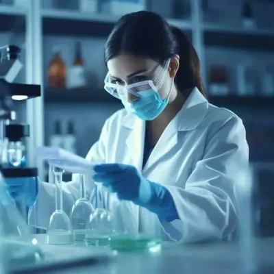 Laboratory scientist analyzing medical samples using advanced diagnostic equipment in a clinical laboratory