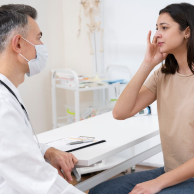 Doctor consulting a patient with facial pain during a pain management evaluation at Nishat Hospital.