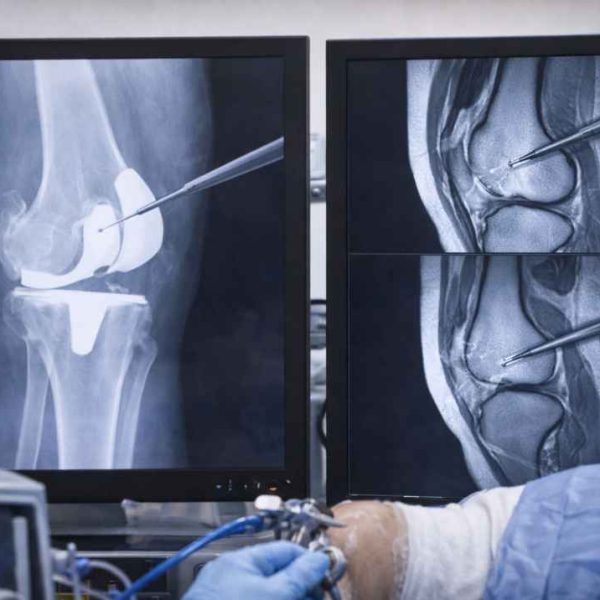 Orthopedic knee imaging showing joint replacement and arthroscopic instrument guidance on monitor